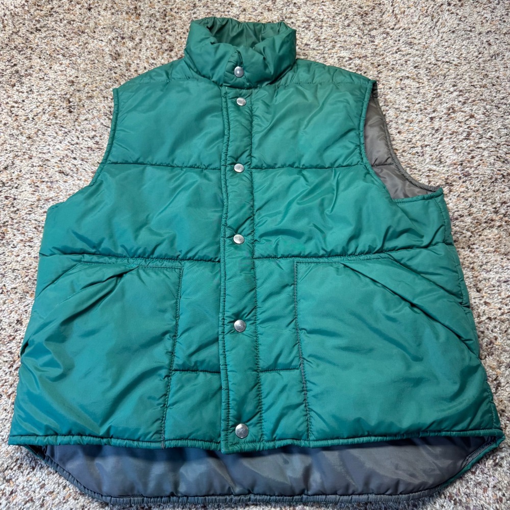 Vintage JCPenney Mens Green Puffer Vest Quilted Snap‎ Front Large